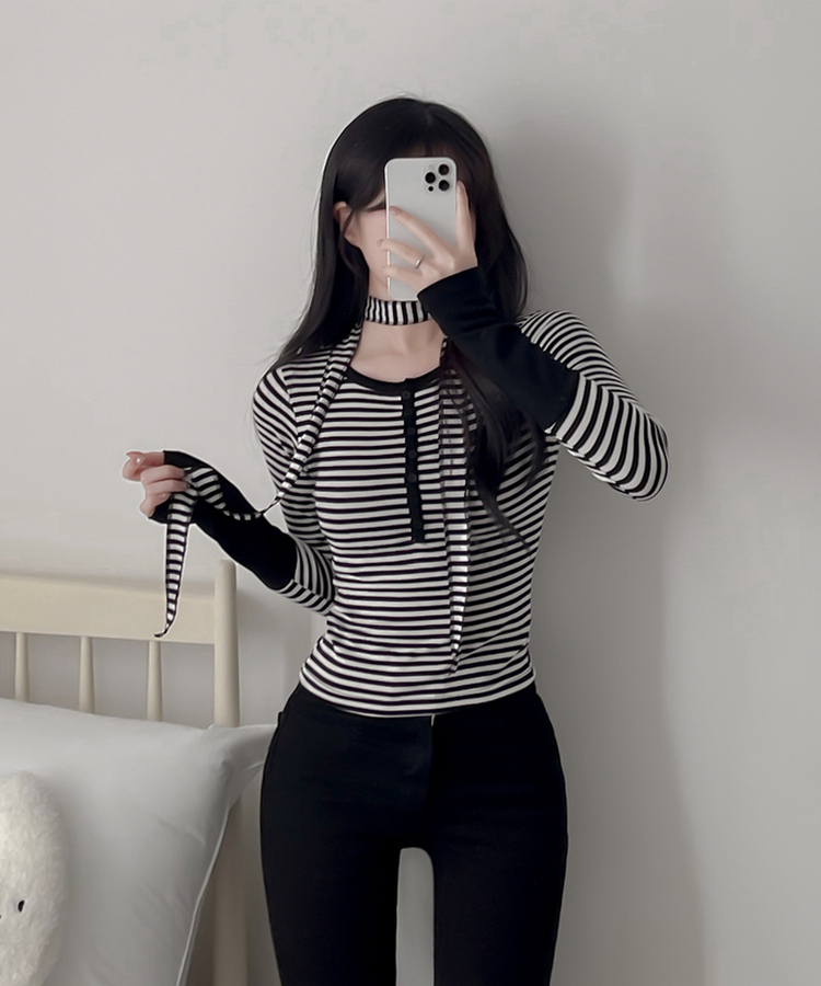 【タイ付き】ボーダーバイカラー長袖Tシャツ IVORY