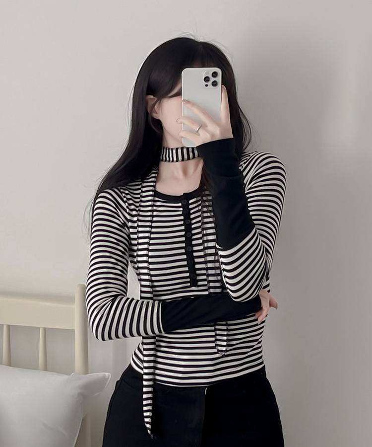 【タイ付き】ボーダーバイカラー長袖Tシャツ IVORY