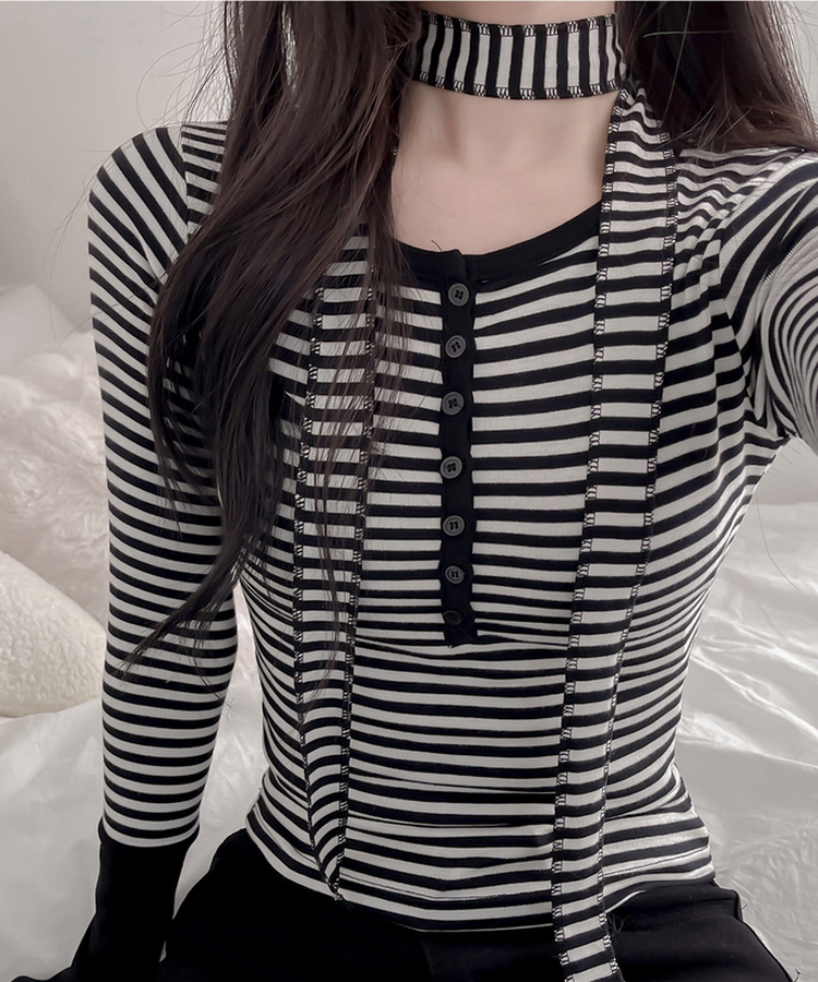 【タイ付き】ボーダーバイカラー長袖Tシャツ IVORY