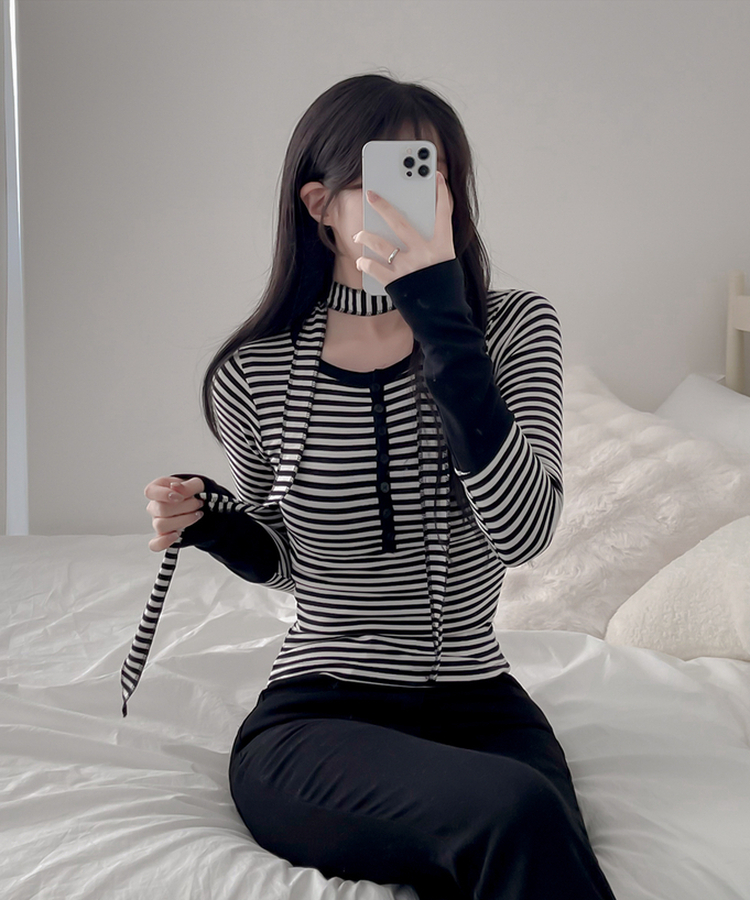 【タイ付き】ボーダーバイカラー長袖Tシャツ IVORY