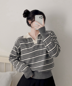 オープンカラーストライプニット GRAY