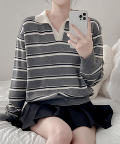 オープンカラーストライプニット GRAY