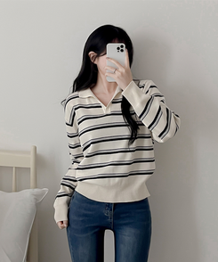 オープンカラーストライプニット CREAM