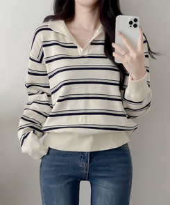 オープンカラーストライプニット CREAM