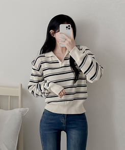 オープンカラーストライプニット CREAM