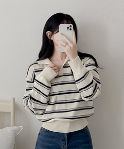 オープンカラーストライプニット CREAM