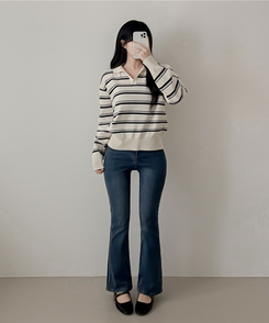 オープンカラーストライプニット CREAM