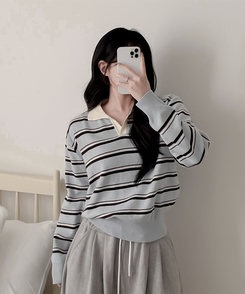 オープンカラーストライプニット SKY BLUE