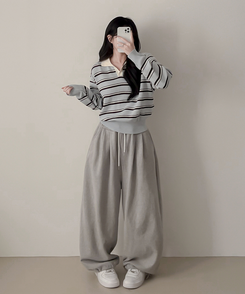 オープンカラーストライプニット SKY BLUE