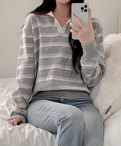 オープンカラーストライプニット LIGHT GRAY