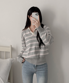 オープンカラーストライプニット LIGHT GRAY