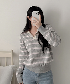 オープンカラーストライプニット LIGHT GRAY