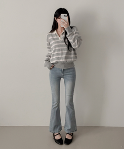 オープンカラーストライプニット LIGHT GRAY