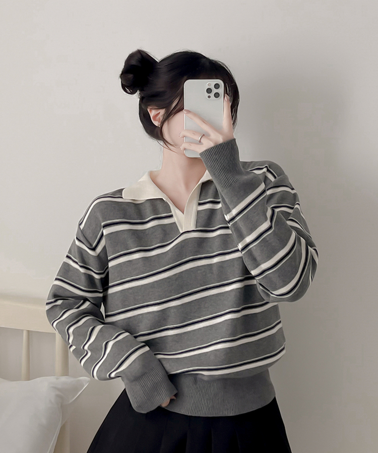 オープンカラーストライプニット GRAY