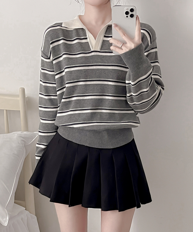 オープンカラーストライプニット GRAY