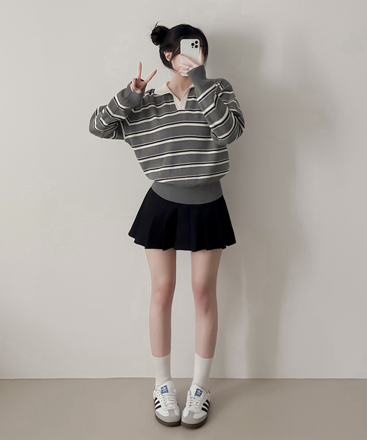 オープンカラーストライプニット GRAY