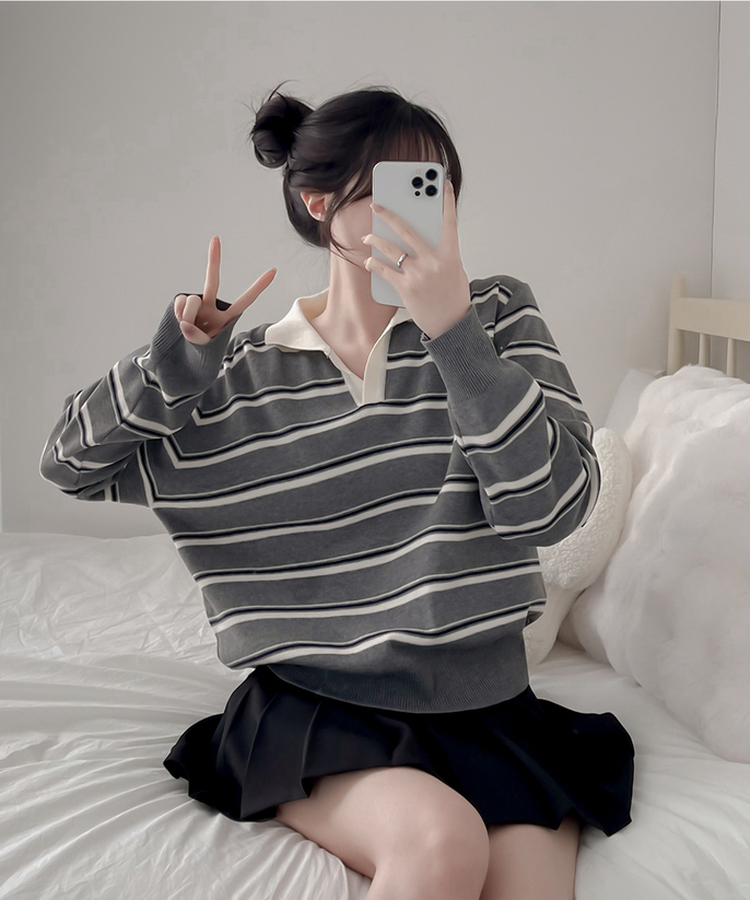 オープンカラーストライプニット GRAY