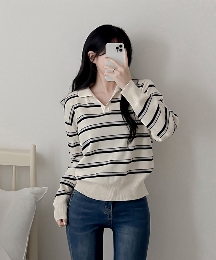 オープンカラーストライプニット CREAM