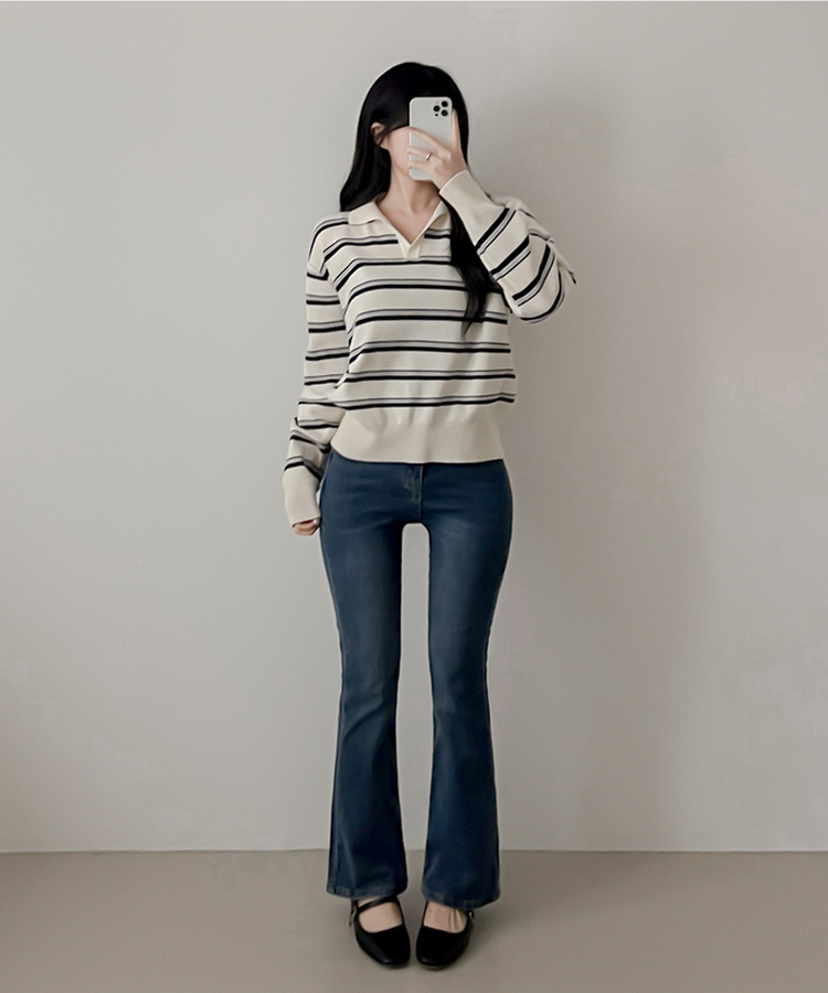 オープンカラーストライプニット CREAM