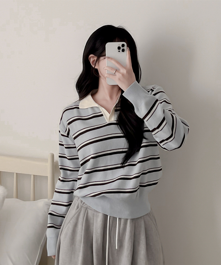 オープンカラーストライプニット SKY BLUE