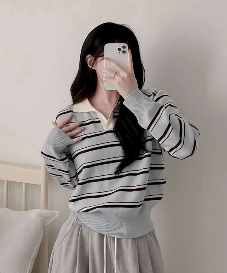 オープンカラーストライプニット SKY BLUE