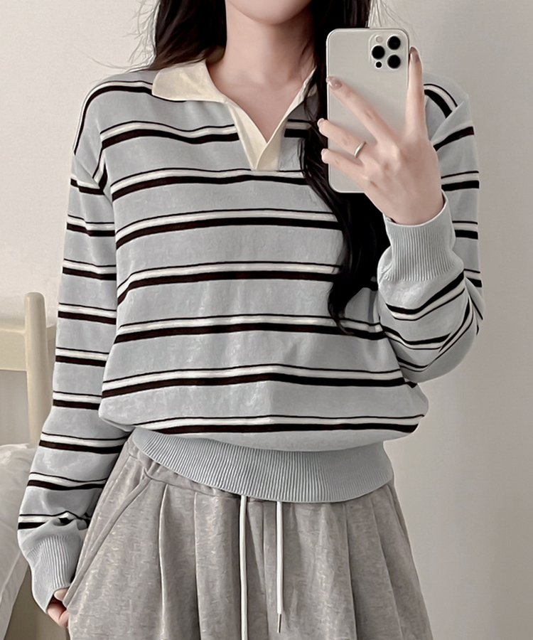 オープンカラーストライプニット SKY BLUE