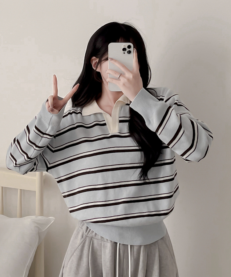 オープンカラーストライプニット SKY BLUE