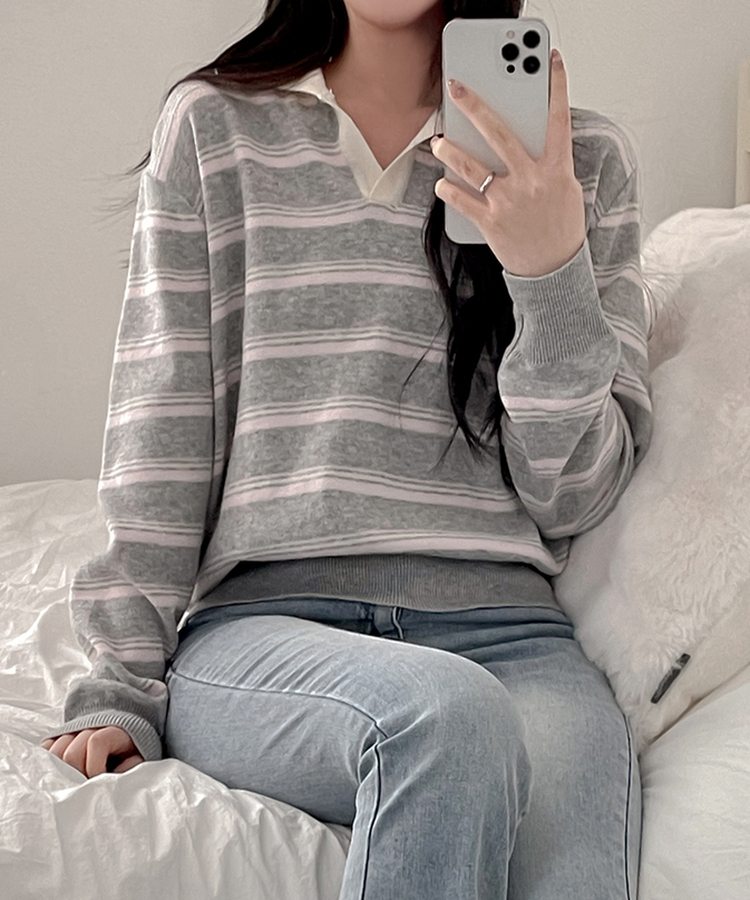 オープンカラーストライプニット LIGHT GRAY