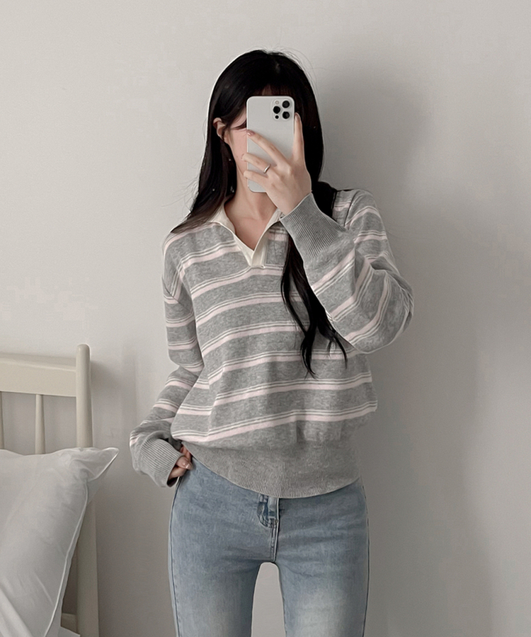 オープンカラーストライプニット LIGHT GRAY