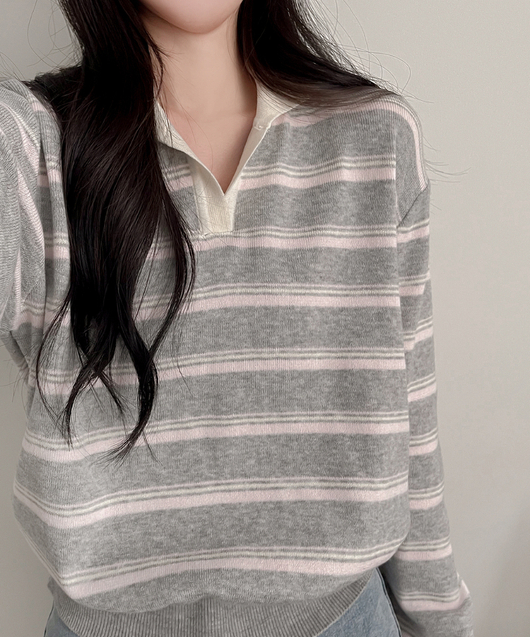 オープンカラーストライプニット LIGHT GRAY