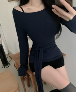 ウエストリボンラップ長袖Tシャツ(7color) NAVY