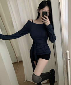 ウエストリボンラップ長袖Tシャツ(7color) NAVY