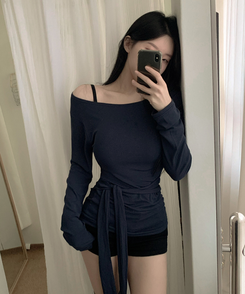 ウエストリボンラップ長袖Tシャツ(7color) NAVY