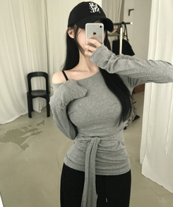 ウエストリボンラップ長袖Tシャツ(7color) GRAY