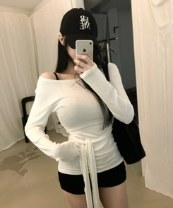 ウエストリボンラップ長袖Tシャツ(7color) IVORY