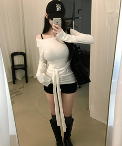 ウエストリボンラップ長袖Tシャツ(7color) IVORY