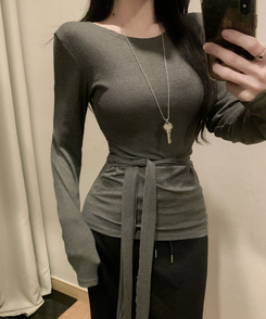 ウエストリボンラップ長袖Tシャツ(7color) DEEP GRAY