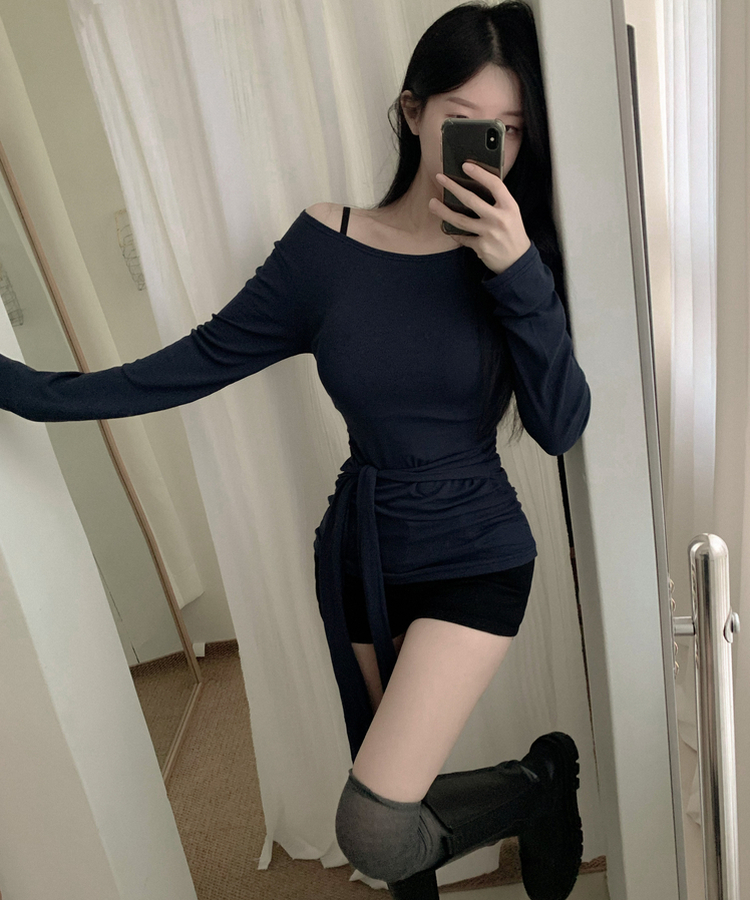 ウエストリボンラップ長袖Tシャツ(7color) NAVY