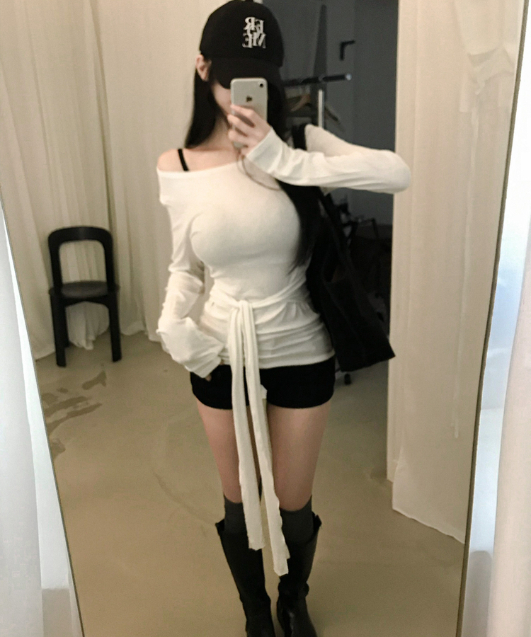 ウエストリボンラップ長袖Tシャツ(7color) IVORY