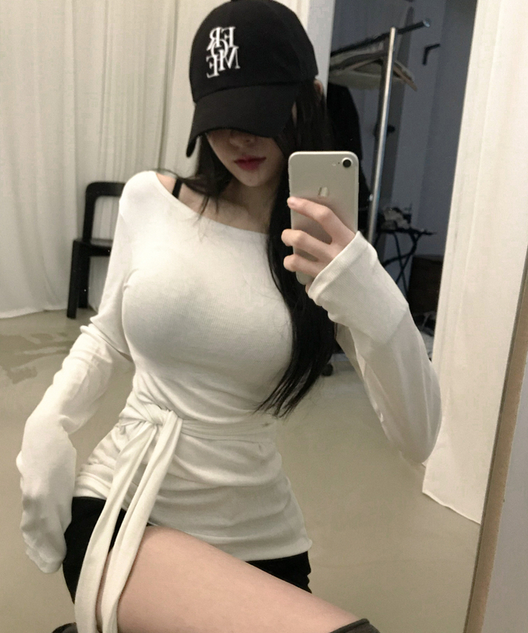 ウエストリボンラップ長袖Tシャツ(7color) IVORY