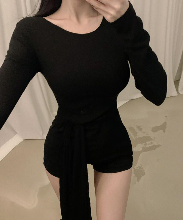 ウエストリボンラップ長袖Tシャツ(7color) BLACK