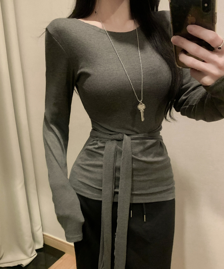 ウエストリボンラップ長袖Tシャツ(7color) DEEP GRAY