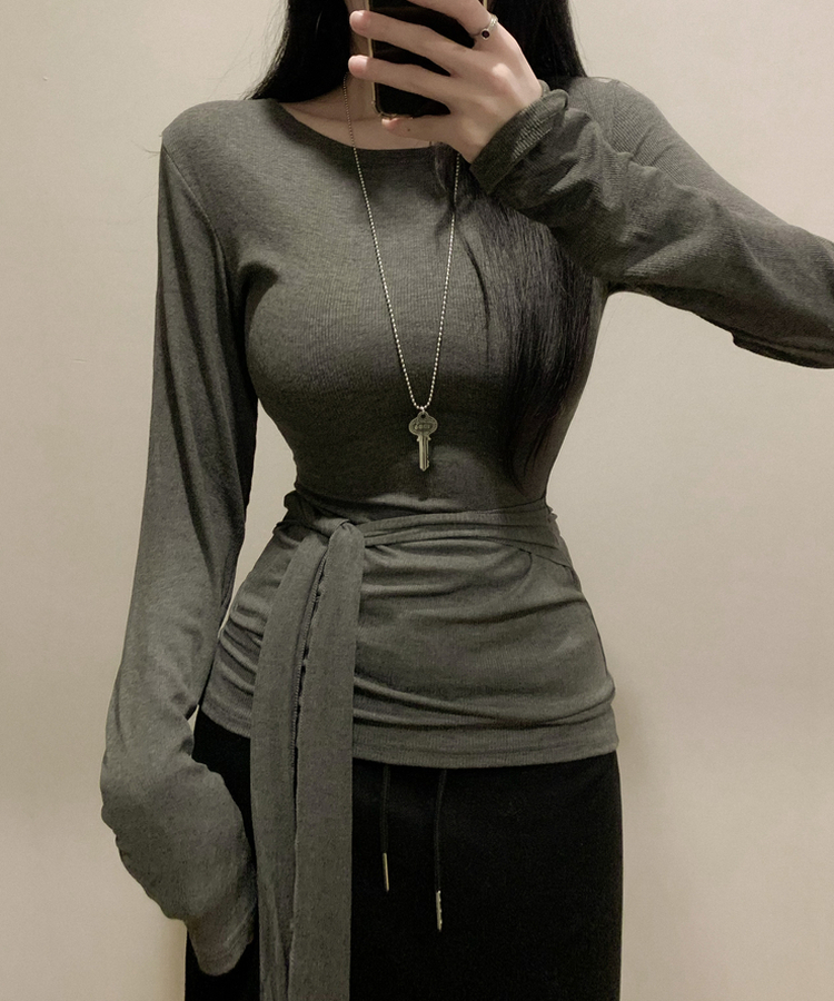 ウエストリボンラップ長袖Tシャツ(7color) DEEP GRAY