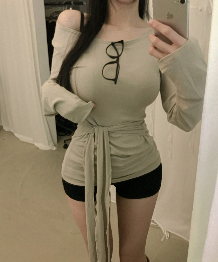 ウエストリボンラップ長袖Tシャツ(7color) BEIGE