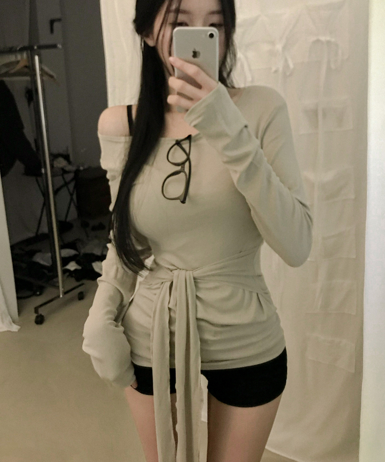 ウエストリボンラップ長袖Tシャツ(7color) BEIGE