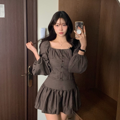 【SET】チェックパフシアリングブラウス ミニスカート BROWN