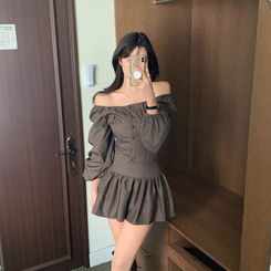 【SET】チェックパフシアリングブラウス ミニスカート BROWN