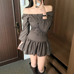 【SET】チェックパフシアリングブラウス ミニスカート BROWN