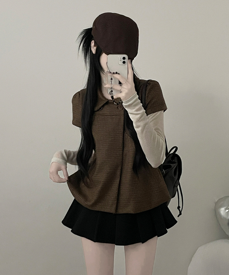 덴지브라운체크더블버튼카라버튼퍼프반팔자켓 브라운