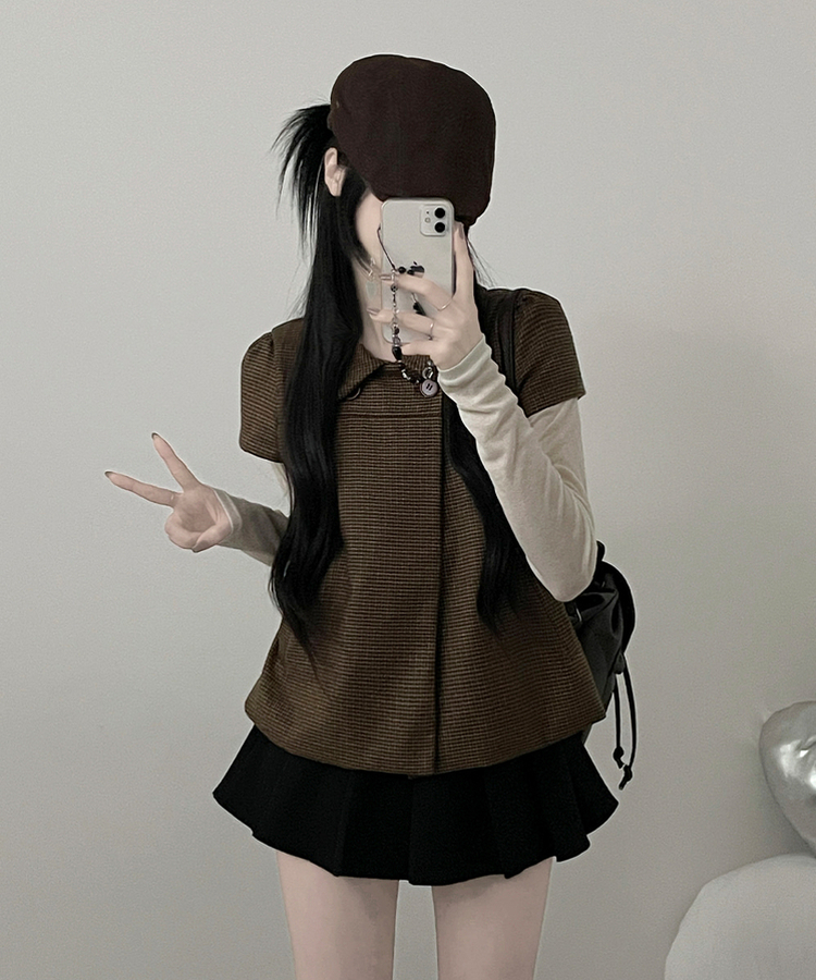 덴지브라운체크더블버튼카라버튼퍼프반팔자켓 브라운